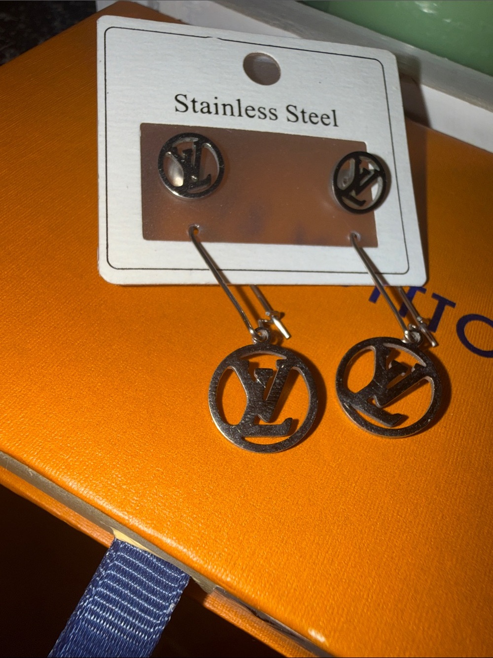 Silver Tome Stainless Steel LV Monogram Studs and Dangle Earrings Set